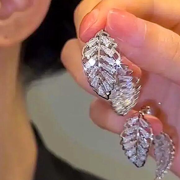Double Edge Side Zircon Earrings, Feather Dangle Wedding Anniversary B… - Picture 1 of 5